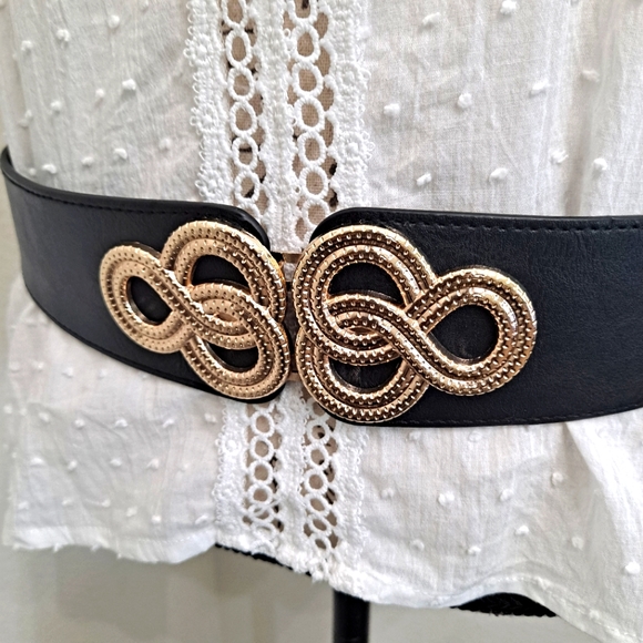 Black corset belt boho elastic wide Faux leather gold spirals waist plus size - Picture 14 of 16